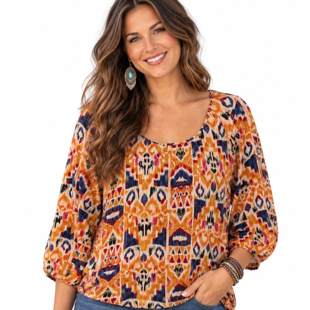 Chicos Southwest Knit Top Size 3 (Womens XL) Aztec Scoop Neck Colorful Bold